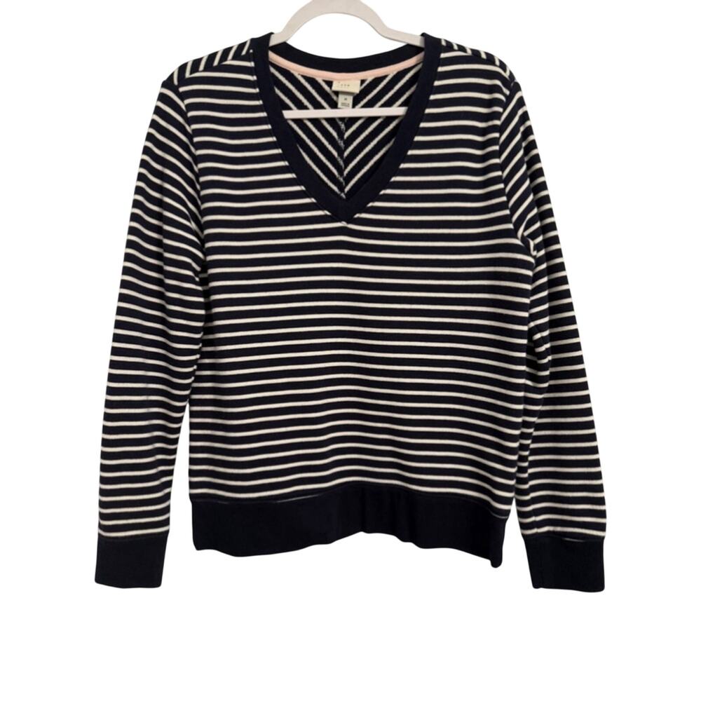 A New Day V Neck Stripe Soft Luxury Knit Sweater Women's M Nautical Navy Coastal